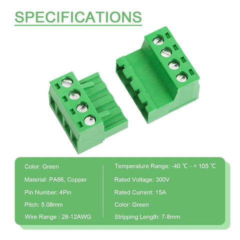 Five Pair Four Pin 5.08mm Pitch Screw Terminal Block Connector Kit Pluggable With Phoenix Plug For 12 To 28 AWG Wire Plug And Play Ready Durable PA66 Plastic Green Housing Ideal For DIY Electronics Projects, green 4-pin PA66 terminal blocks