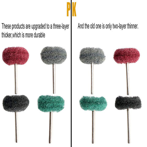 Side-by-side comparison of upgraded 50 Piece Abrasive Buffing Wheel Set For Rotary Tool With 3mm Mandrel highlighting durability