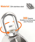 Close-up of M50 Double Sheave Pulley Block 304 Stainless Steel 2 Pack With Swivel Hook, featuring 360-degree rotation