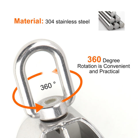 Close-up of M50 Double Sheave Pulley Block 304 Stainless Steel 2 Pack With Swivel Hook, featuring 360-degree rotation
