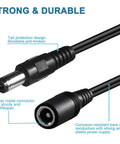 Close-up of 2 Pack 20 Ft DC Power Extension Cord Heavy Duty 5.5 Mm x 2.1 Mm 12V for CCTV with metal connectors and copper conductors.