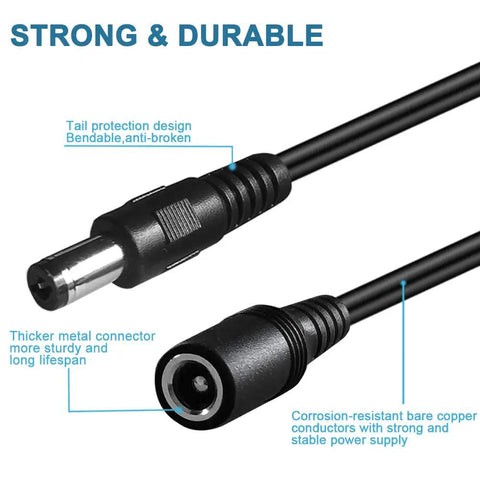 Close-up of 2 Pack 20 Ft DC Power Extension Cord Heavy Duty 5.5 Mm x 2.1 Mm 12V for CCTV with metal connectors and copper conductors.