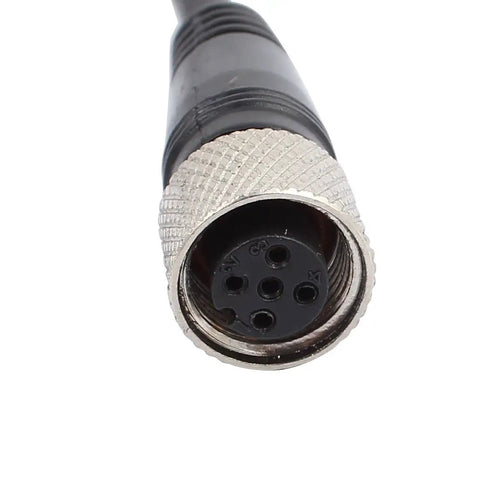 Close-up of M12 Female Straight 5 Pin Aviation Socket Connector with 5m black cable and durable PVC metal housing for automation