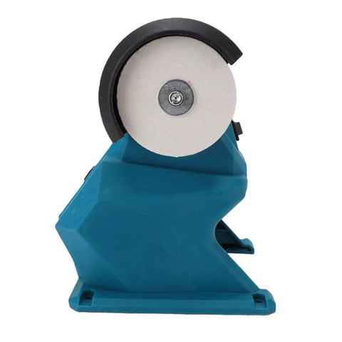 Go Anywhere Cordless Mini Bench Grinder Spinning 5500 Rpm Through Dual 70mm Wheels side view of blue base and white grinding wheel.