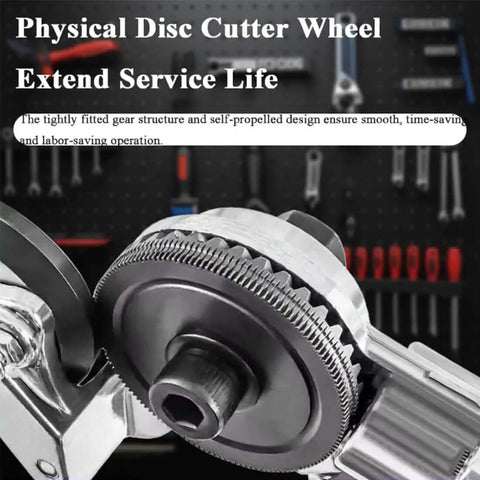 Close-up of drill nibbler attachment for electric drills, highlighting physical disc cutter wheel, smooth operation in workshop.
