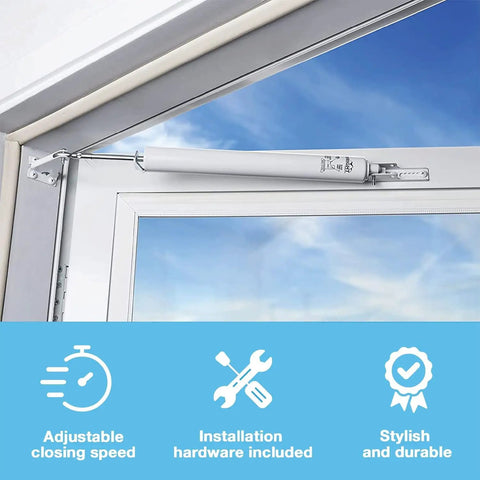 Standard Duty Pneumatic Screen And Storm Door Closer With Adjustable Closing Speed Quiet Operation Easy Installation For Out Swing Doors In White Finish installed on door