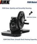 Overdrive Thirty Percent Metal Differential Gearbox With POM Skid Plate For One Tenth Scale LCG Transmission Compatible With RC Crawlers Like Axial SCX10 Capra Element Gspeed And DIY Chassis Purple For Your RC Rig, side view of black gearbox with gears visible.