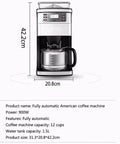 Bean To Cup Filter Coffee Maker With Grinder 0.6 L Stainless Steel Drip Coffee Machine, front view with dimensions