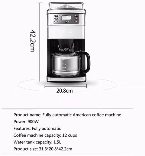 Bean To Cup Filter Coffee Maker With Grinder 0.6 L Stainless Steel Drip Coffee Machine, front view with dimensions