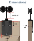 Dimensions of the Exterior Sliding Barn Door Hardware Kit With Box Rail Hangers, Black Finish shown in front and side view.