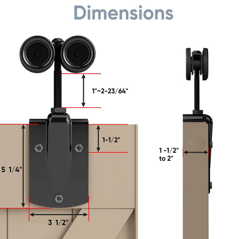 Dimensions of the Exterior Sliding Barn Door Hardware Kit With Box Rail Hangers, Black Finish shown in front and side view.
