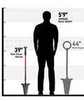 Chart comparing the 39" red Beast Of A Compact Steel Garden Spade With Serrated Blade And Inverted V Tip against a human silhouette.