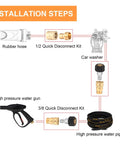 Pressure washer quick-disconnect adapter kit diagram showing brass 1/2 and 3/8 fittings and spray gun installation steps.