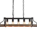 Rustic Farmhouse Kitchen Island Pendant Light With Five Lights Linear Chandelier In Black With Retro Wood Finish Industrial Vibe Hanging Light For Dining Room And Kitchen Bar UL Listed, front view