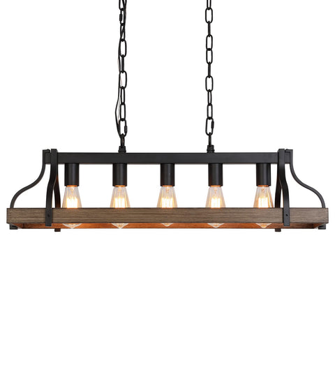 Rustic Farmhouse Kitchen Island Pendant Light With Five Lights Linear Chandelier In Black With Retro Wood Finish Industrial Vibe Hanging Light For Dining Room And Kitchen Bar UL Listed, front view