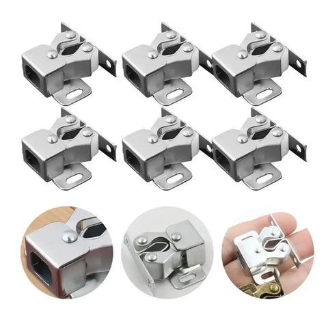 Stylish Double Roller Cabinet Latches With Spring Action For Cupboards Drawers Doors Ensure Easy Auto Locking And Smooth Closing In Kitchens Wardrobes Storage Units, set of eight stainless steel latches.