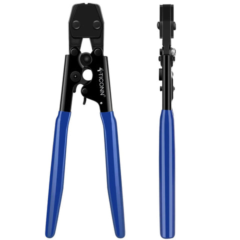 Pex Clinch Clamps Crimping Tool for 304 Stainless Steel Rings, blue handles, front and side view for Pex pipe connection.