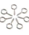 Heavy Duty Screw Eye Hooks 1 Inch Self Tapping Eye Bolts for Wood arranged in a circle, showing nickel plated material for DIY projects.
