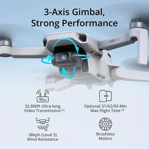 Close-up of Mini 4K Camera Drone Bundle with 3-axis gimbal stabilization, showing performance features and design details.
