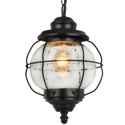 Outdoor Pendant Lights With Farmhouse Style Black Metal Hanging Porch Fixture And Clear Bubbled Glass Globe Inside An Iron Cage Frame For Rustic Vibe Exterior Lantern For Gazebo Patio And Entryway