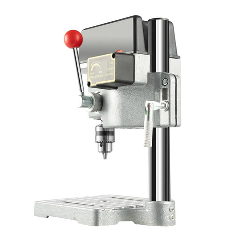 Totally Legit Heavy Duty Mini Bench Drill Press 340W Variable Speed Portable Tool With Rock Solid Cast Iron Base side view showing adjustable chuck.