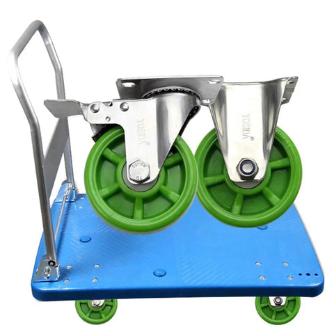 Heavy Duty 3 Inch Swivel Caster Wheels With Brakes Silent Nylon Rollers Double Ball Bearing Furniture Casters on blue cart.