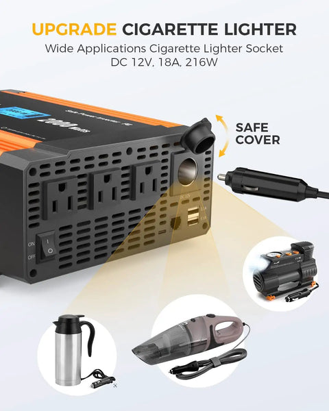 Gutsy 2000W Power Inverter Switches 12V Battery To 120V AC With Solid Modified Sine Wave Design featuring cigarette lighter socket.