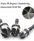 3-Piece Countersink Chamfer Drill Bit Set With 5-Flute 90 Degree Bits, One Quarter Inch Hex Shank, Sizes 12mm 16mm 19mm