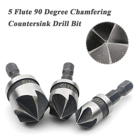 3-Piece Countersink Chamfer Drill Bit Set With 5-Flute 90 Degree Bits, One Quarter Inch Hex Shank, Sizes 12mm 16mm 19mm