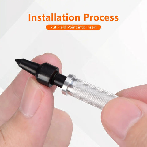 Installation of 12 Pack Pro Grade Aluminum Arrow Inserts For ID 7.6mm Carbon Arrows And Crossbow Tips, 8-32 Thread shown in hand