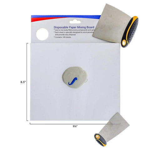 Pro Grade Multi Layered Disposable Paper Body Filler Mixing Board With 100 Sheets, Clean Resin Resistant Surface shown with putty knife