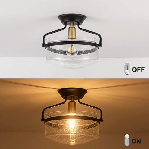 Seeded Glass Semi Flush Mount Ceiling Light In Matte Black, 11.2 Inch Shade, off and on settings, warm glow effect