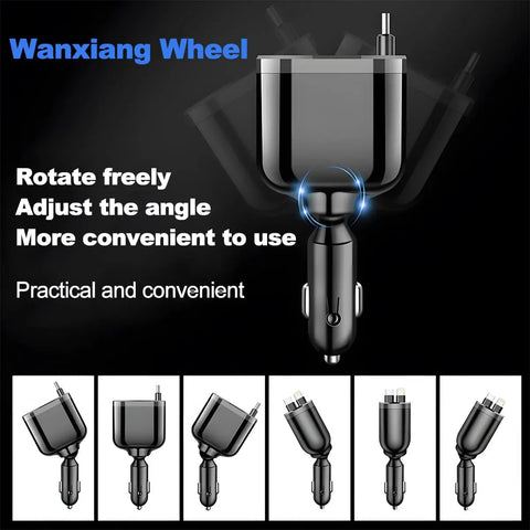 Retractable Four In One Car Charger With Built Dual USBC Cables Durable PC Housing Built Tough For Rough Drives Slap It In Your Dashboard And Slay Those Dead Phone Screens Fast Reliable Power Anywhere, showing adjustable angle design.