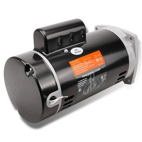 No Sweat Heavy Duty Dual Voltage Pool Pump Motor 2HP B2855 Replacement 56Y Frame Square Flange 3450 RPM side view with wiring diagram.