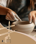 Hand using a Portable Pottery Throwing Gauge Straight Up Essential For Beginners No Sweat Setup Accurate Centering Plate.
