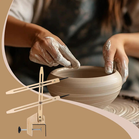 Hand using a Portable Pottery Throwing Gauge Straight Up Essential For Beginners No Sweat Setup Accurate Centering Plate.