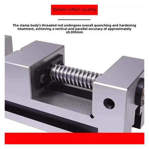 Close-up of threaded rod in Dead Center Right Angle Parallel Vise For Precision Milling Machines Rock Solid Quenched Steel Workholder.