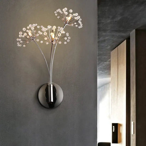 Crystal Glass 3 Light Dandelion Wall Sconce in Brushed Nickel Stainless Steel Mount for Bedroom, Living Room, Hallway