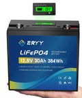 No Sweat 12V 30Ah LiFePO4 Lithium Battery With 30A BMS And LCD Meter showing voltage indicator, ideal for RV camper and solar rigs.