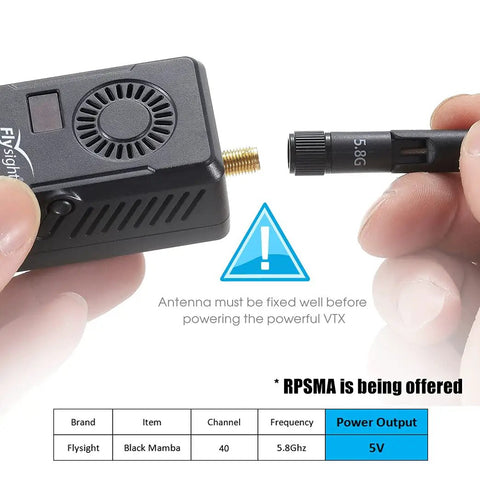 Black Mamba 5.8GHz FPV Transmitter VTX 40 Channel for GoPro and FPV Drones with RPSMA Antenna Connector and 5V Output