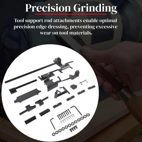 Components of Heavy Duty Sharpening System For 8 Inch Grinders Complete Kit With Quad Jig shown with precision tools