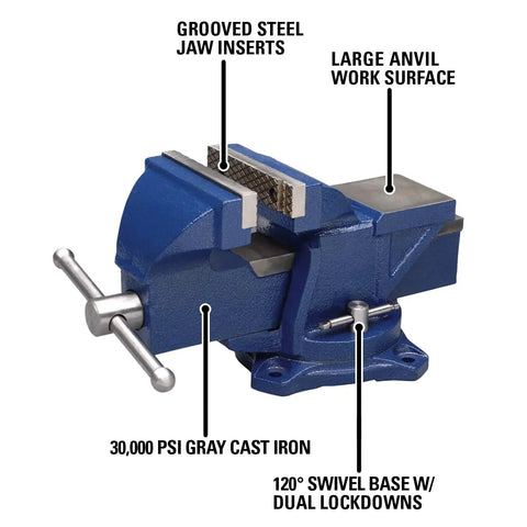 Image of a blue general purpose bench vise with 4 inch jaw width, 3 inch max jaw opening, 120 degree swivel base, heavy duty cast iron.