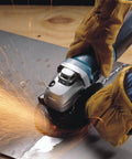 Workhorse High-Power 4 1/2 Inch Angle Grinder With SJS Mechanical Clutch grinding metal, sparks flying, 13 Amp motor