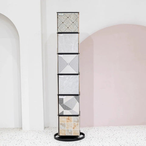Heavy Duty Floor Tile Display Stand Made From Solid Steel For Ceramic And Marble Samples Pro Shop Rack showing six sample boards
