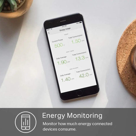 Smartphone displaying energy usage for Six Smart Outlets Power Strip With Three USB Ports, Surge Protector, Works With Alexa.