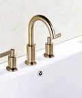 Brushed Gold Two-Handle Deck-Mounted Bathroom Faucet With Swivel Spout And Pop Up Drain Widespread 8 Inch 1.2 GPM Max At 60 Psi Brass