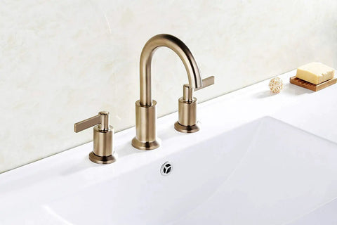 Brushed Gold Two-Handle Deck-Mounted Bathroom Faucet With Swivel Spout And Pop Up Drain Widespread 8 Inch 1.2 GPM Max At 60 Psi Brass