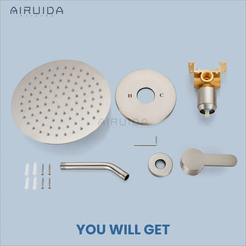 8 Inch Round Rain Shower Head Set With Stainless Steel Single Handle Trim Kit, Wall Mount Bath System components displayed