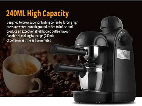 Compact Home Espresso Maker with Steam Milk Frother, 3.5 Bar, 4 Cup Capacity, Barista Grade Espresso