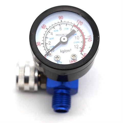 Kick Up Your Paint Game With This Tough As Nails Air Pressure Regulator For Hvlp Spray Guns And Shop Projects Featuring A Smooth Flow Dial And Zero Hassle Setup, showing pressure gauge and connection.